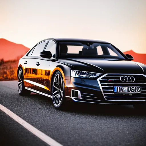 Prompt: black 2020 audi a8 racing on a road on a mountain at sunset, car photography, 4k professional photo