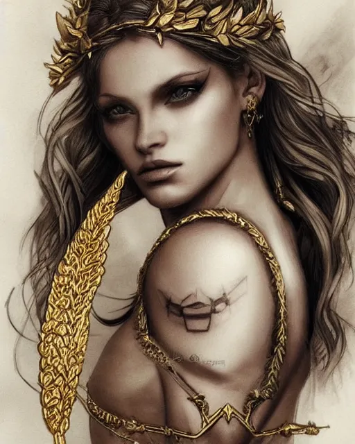 Image similar to tattoo sketch of hot blonde super model as aphrodite greek goddess wearing a gold laurel wreath and triangle earrings, beautiful piercing gaze with sharp pupils, in the style of greg rutkowski, fantasy, amazing detail, epic, elegant, smooth, sharp focus, front view