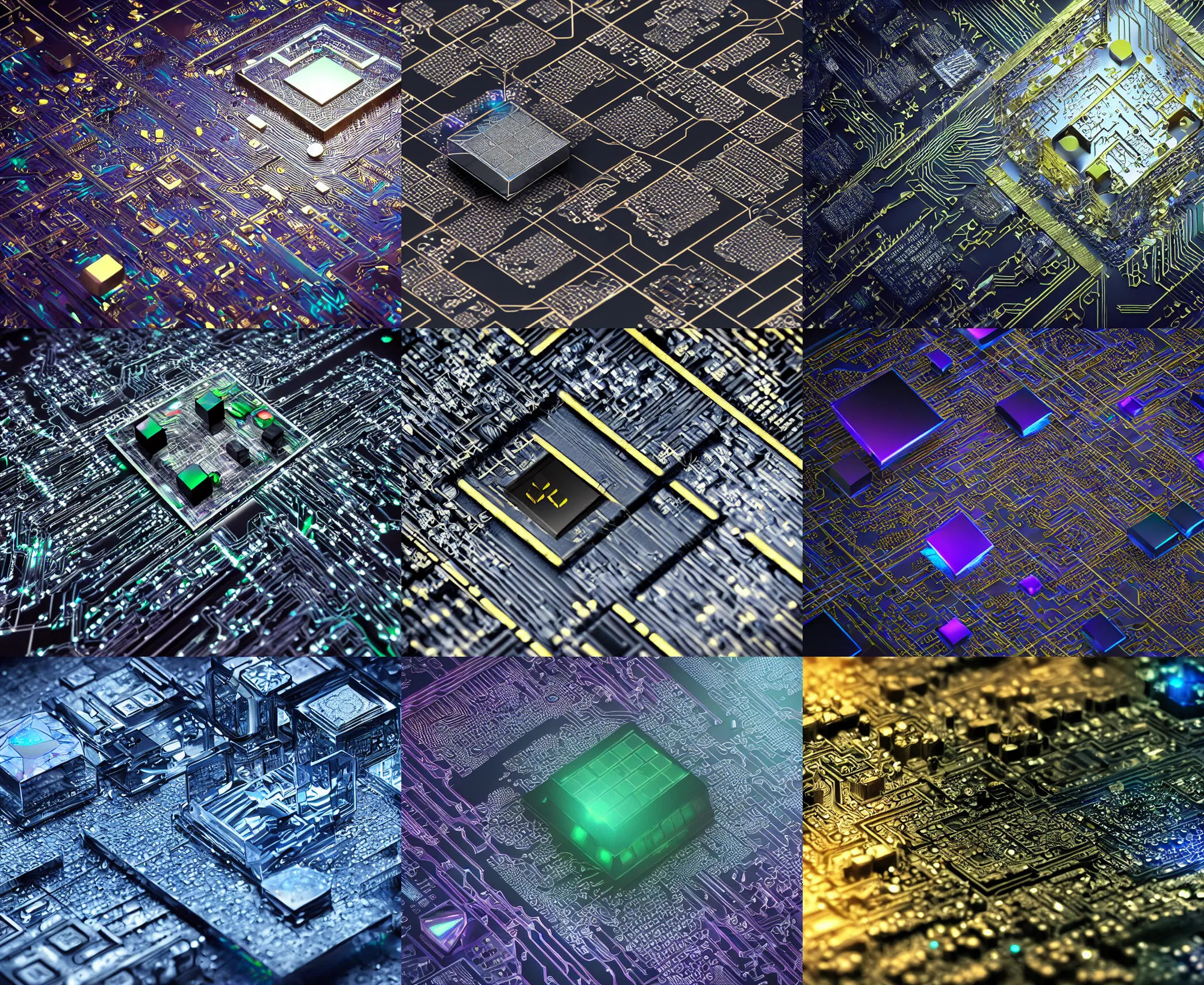 Prompt: circuit board processor block, 3 d ray traced photorealistic render, moody beautiful colors, futuristic, squares, crystal nodes, shiny, high angle shot with sharp realistic intricate detail, iridescent glowing chips, black 3 d cuboid device, graphene, futuristic precious metals, treasure artifact