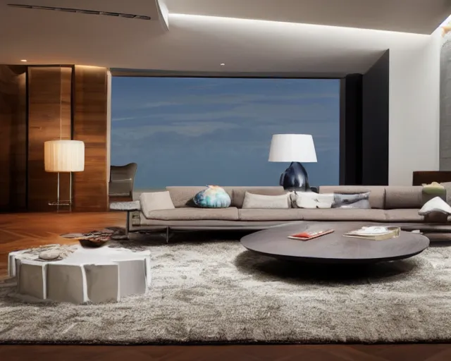 Prompt: A modern living room inspired by the ocean, a luxurious wooden coffee table with large seashells on top in the center, amazing detail, 8k resolution, calm, relaxed style, harmony, wide angle shot