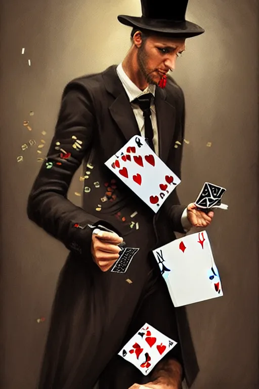 Prompt: modern street magician holding playing cards, realistic, modern, intricate, elegant, highly detailed, digital painting, artstation, concept art, addiction, chains, smooth, sharp focus, illustration, art by ilja repin