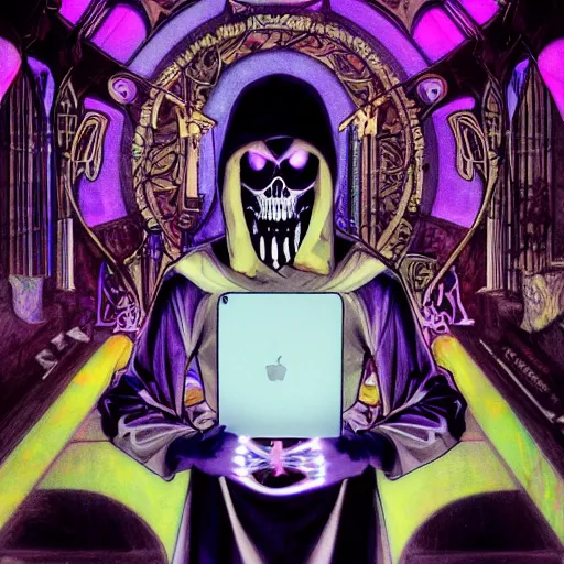 Image similar to dramatic cinematic scene of the Grim Reaper taking a selfie, mucha, colorful, purple, black, highly rendered, beautiful, cyberpunk, very highly detailed, symmetrical, archillect, moody lighting, glowing light and shadow, atmospheric, studio lighting, 8K