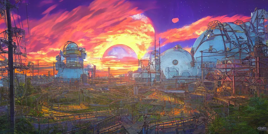 Image similar to fusion reactor, wonderous and magical, in an urban setting, sunset, by Studio Ghibli, Ivan Shishkin and Greg Rukowski