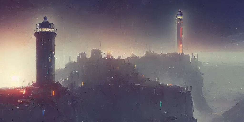 Prompt: concept art of a lone towering sci - fi lighthouse at the cape of a big city, grimy, gritty, blade runner 2 0 4 9, trending on artstation, award winning painting, cgi, art by john berkey and anton fadeev and john howe and simon stalenhag