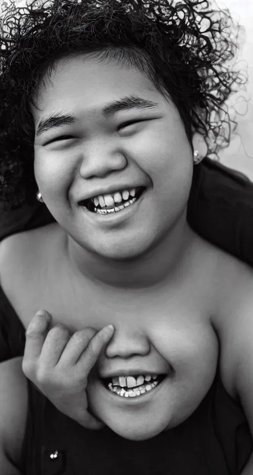 Image similar to close up photograph of a single fat filipino teenage boy smiling with crooked teeth, with a curly perm, and with small studded earings, 4 k, photorealistic, high detail by annie leibovitz