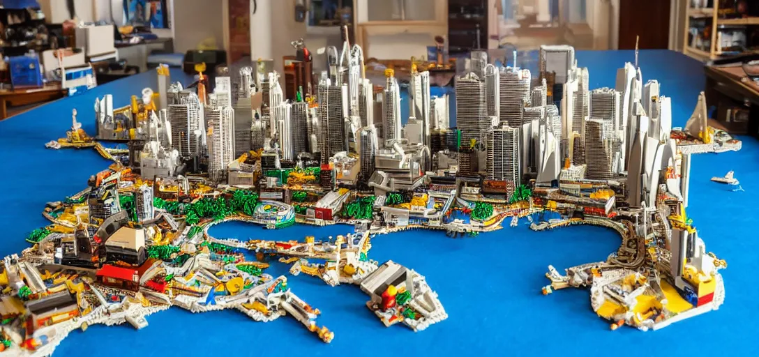 Image similar to detailed lego build of sydney on basement table, professional photo, professional lighting, HDR