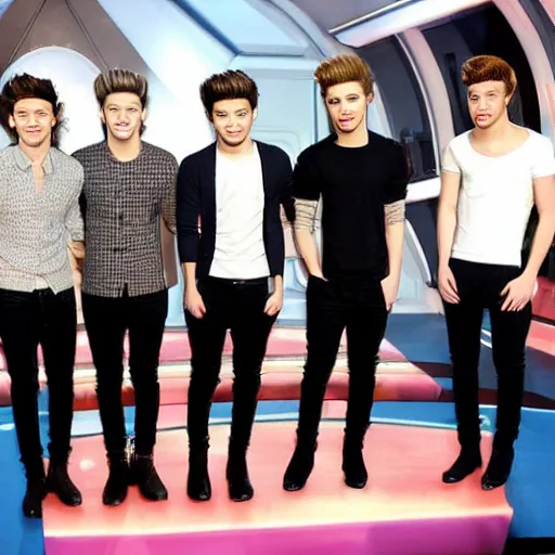 Prompt: the cast of one direction manning the slight deck of the starship enterprise, sixities television