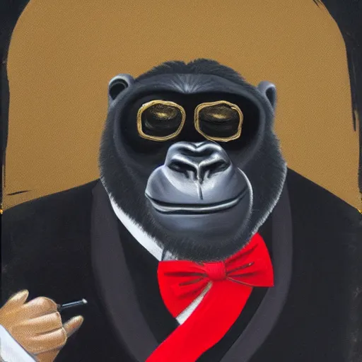 Image similar to a ukiyo style painting of a gorilla wearing a gold chain and wearing shades and wearing a nice black tuxedo wearing a red bow tie, highly detailed, 8 k, concept art,