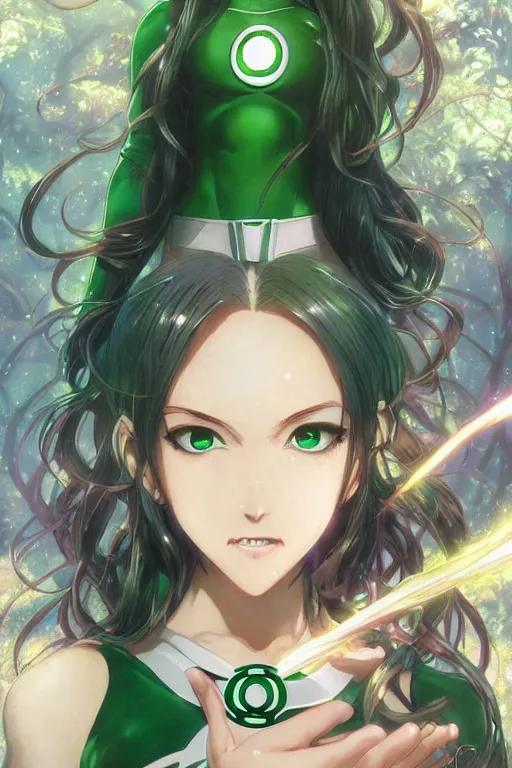 Prompt: anime key visual of a beautiful young female green lantern!! intricate, magical forest, stunning, highly detailed, digital painting, artstation, smooth, hard focus, illustration, art by artgerm and greg rutkowski and alphonse mucha