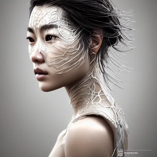 Prompt: intricate highly detailed face portrait of asian - european woman, silver water vines on her face, intricate, cgsociety, unreal engine, octane render, sharp focus, smooth, volumetric lighting, cinematic composition, artstation