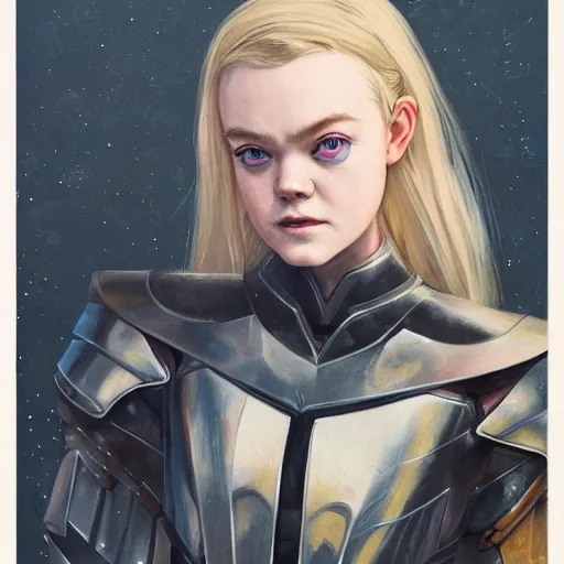 Prompt: Elle Fanning in Valkyrie armor picture by Sachin Teng, asymmetrical, dark vibes, Realistic Painting , Organic painting, Matte Painting, geometric shapes, hard edges, graffiti, street art:2 by Sachin Teng:4