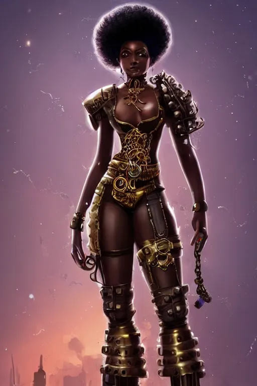 Prompt: beautiful steampunk african girl with a large afro holding. smart pose, tight futuristic armor, artgerm, trending on artstation, character concept art, bokeh