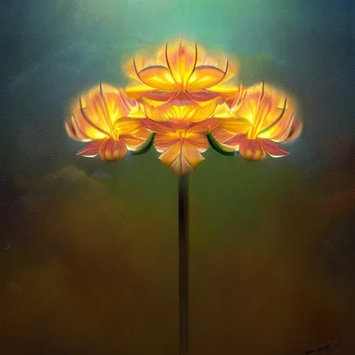 Prompt: Luminescent flower blooming at twilight, cgsociety, r/art