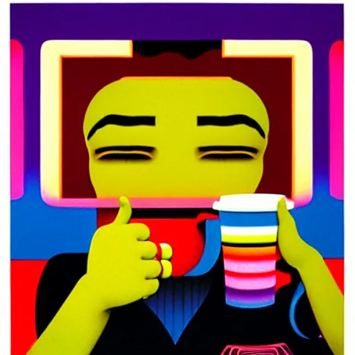 Prompt: coffee by shusei nagaoka, kaws, david rudnick, airbrush on canvas, pastell colours, cell shaded, 8 k, by basquiat