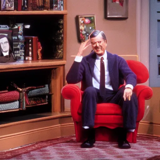 Image similar to Mr. Rogers sitting next to Elvira 8k hdr