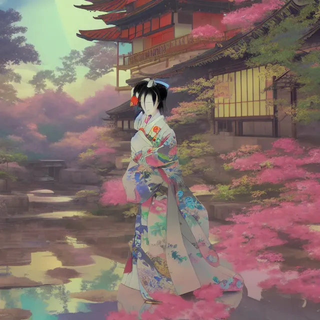 Image similar to detailed 風 景 + luminescent 背 景 + scenery artwork 厚 塗 り, artstation!! pixiv!! coloful geisha in foreground!!