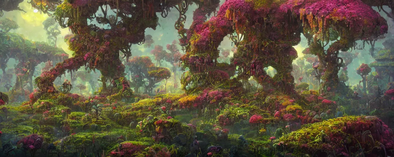 Prompt: ” whimsical world of flowers, trees, twisted roots and happiness, [ by paul lehr, cinematic, detailed, epic, widescreen, opening, establishing, mattepainting, photorealistic, realistic textures, octane render ] ”