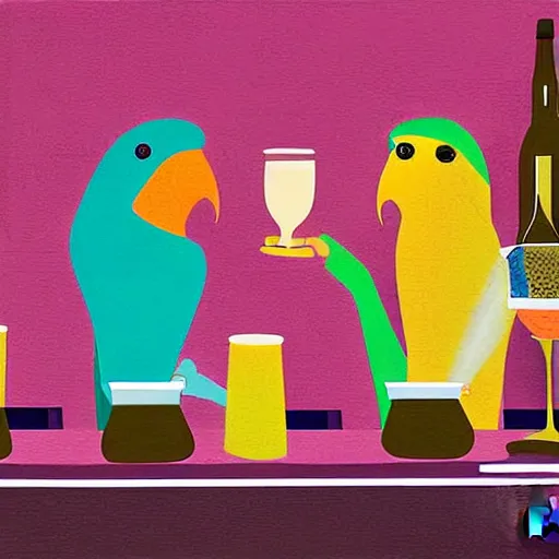 Prompt: Colorful illustration of Two humanoid parrot bartender behind bar. One of them is pouring a beer. Digital art