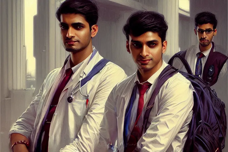 Image similar to Anxious good looking pale young Indian doctors wearing American clothes at the airport, portrait, elegant, intricate, digital painting, artstation, concept art, smooth, sharp focus, illustration, art by artgerm and greg rutkowski and alphonse mucha