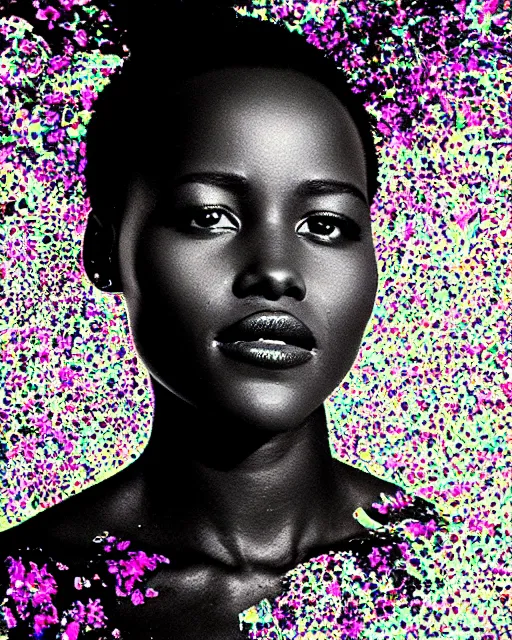 Prompt: oversaturated, burned, light leak, expired film, photo of lupita nyong'o's serene face submerged in a flowery milkbath, rippling liquid, vintage glow, sun rays, black and white, glitched pattern