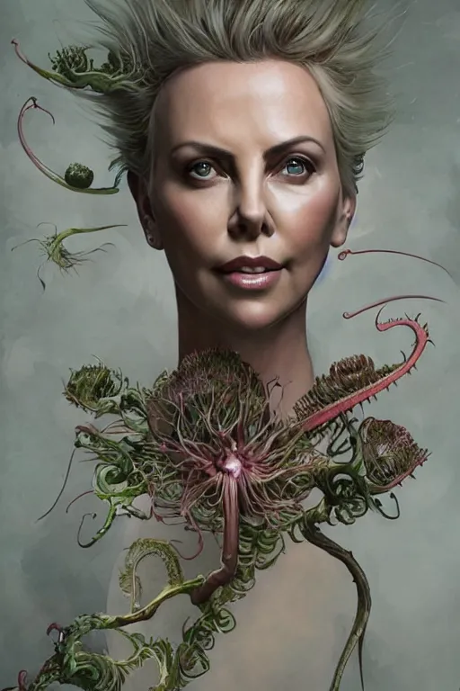 Image similar to Charlize Theron as Venus flytrap, intricate, highly detailed, smooth, artstation, digital illustration by Ruan Jia and Mandy Jurgens and Artgerm and Wayne Barlowe and Greg Rutkowski and Zdislav Beksinski