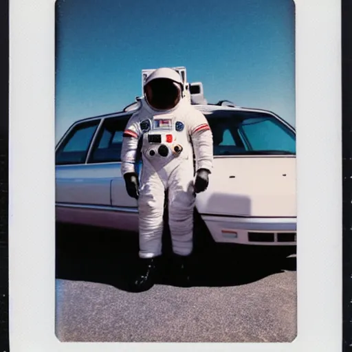 Prompt: Polaroid photo of an astronaut standing next to a Station Wagon in Tokyo, at midnight