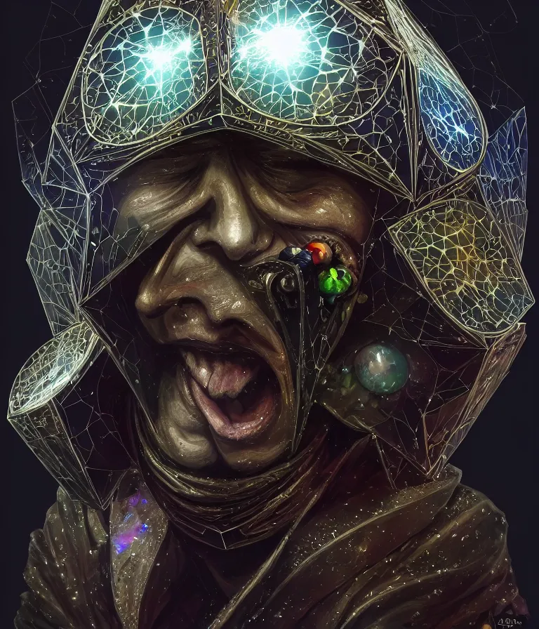 Image similar to front!!! shot of a court jester!!! character, mesmerizing fractal hypercubes, platinum cracked, dark holography!!!, future, metallic galactic, crystalline edges, polygonal, elegant, highly detailed, centered, (((artstation, concept art, jagged, sharp focus, artgerm, Tomasz Alen Kopera, Peter Mohrbacher, donato giancola, Joseph Christian Leyendecker, WLOP, Boris Vallejo))), ((raytracing)), mugshot!!!!!, ugly!!!!!!, octane render, nvidia raytracing demo, octane render, nvidia raytracing demo, octane render, nvidia raytracing demo, 8K, cinematic, masterpiece, fine portrait