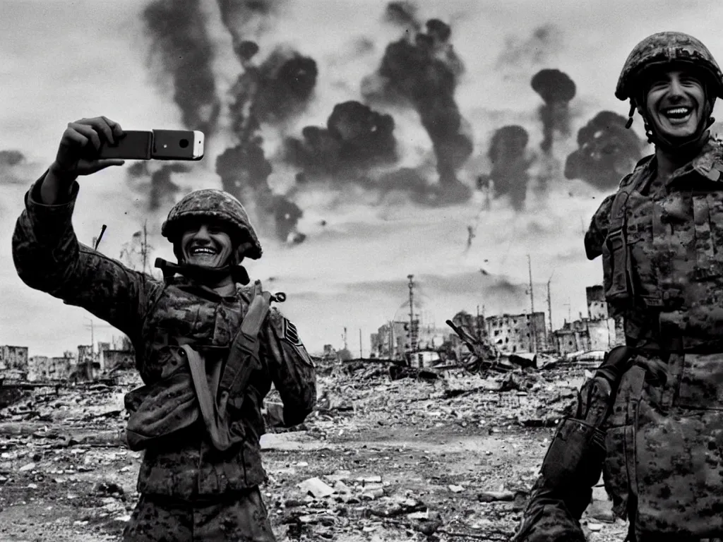 Prompt: a hysterical smiling soldier taking selfies, posing in front of bombed city, explosions in the background, close ups, war scenery, surrealism aesthetic, 9 0 s tv, noise