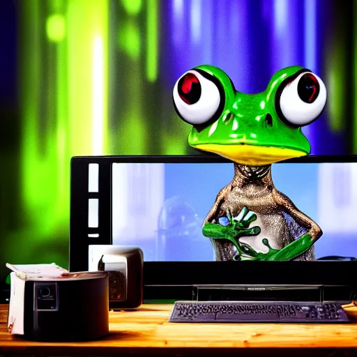 Image similar to frog sitting behind a computer doing a livestream the room is lit by disco lights, photorealistic