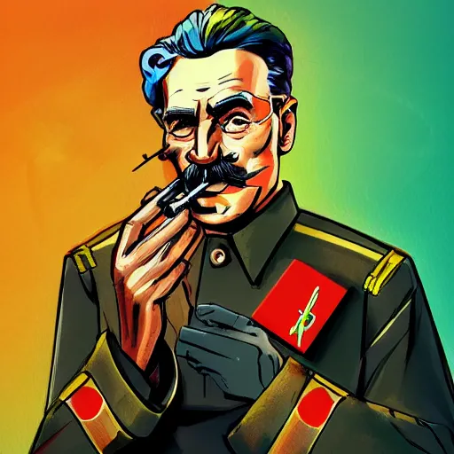 Prompt: cyberpunk joseph stalin smoking a pipe as the leader of a futuristic communist society, cybernetics, sharp lines, digital, artstation, colored in