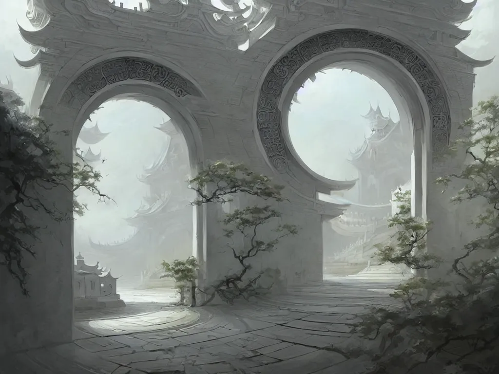 Image similar to circular gate in a white wall, leading to heaven. chinese architecture. fantasy. detailed. smooth. sharp focus. trending on artstation. artist greg rutkowski.