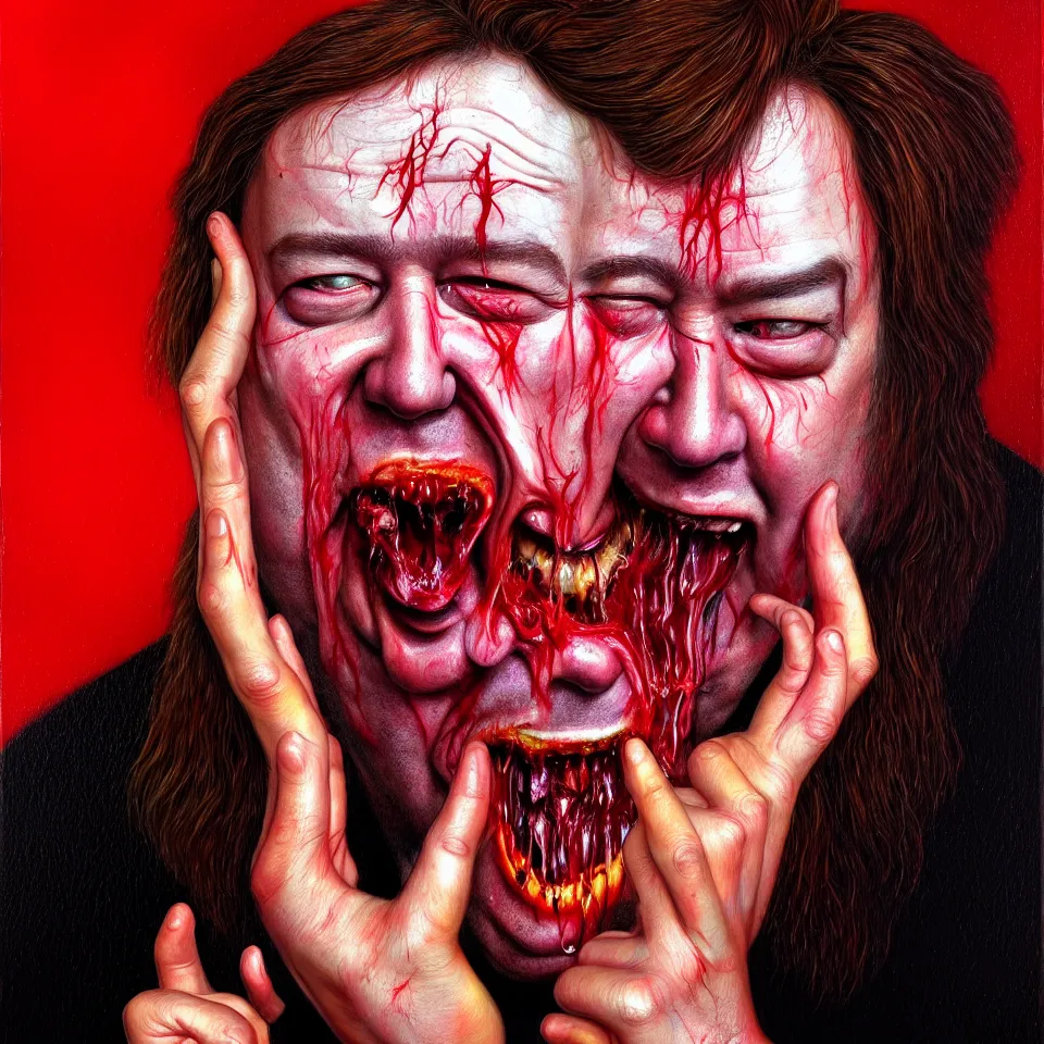 Image similar to weird and disturbing psychedelic bill hicks eating rotten flesh, laughing and puking blood, diffuse lighting, fantasy, intricate, elegant, highly detailed, lifelike, photorealistic, digital painting, artstation, illustration, concept art, smooth, sharp focus, art by francis bacon