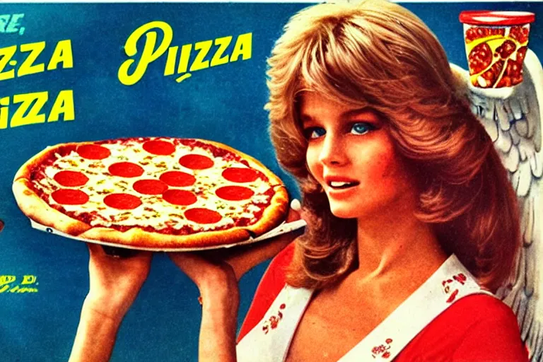 Image similar to 70s, angels, pizza, advertisement