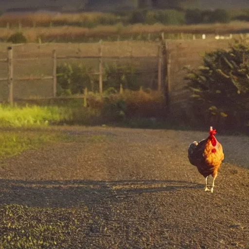 Prompt: off she goes into the sunset driving chickens in the distance on saturday night