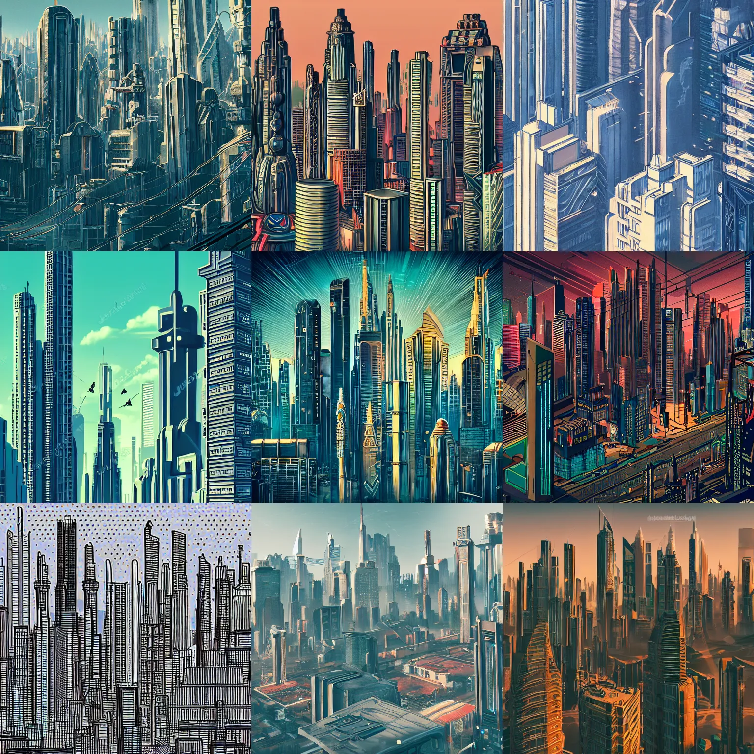 Prompt: detailed photo of a beautiful skyline with cyberpunk art deco buildings and monuments