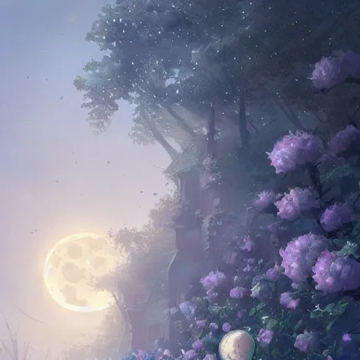 Image similar to a beautiful painting of the moon fell into the blue roses bushes, greg rutkowski style, trending on artstation, - w 1 0 2 4