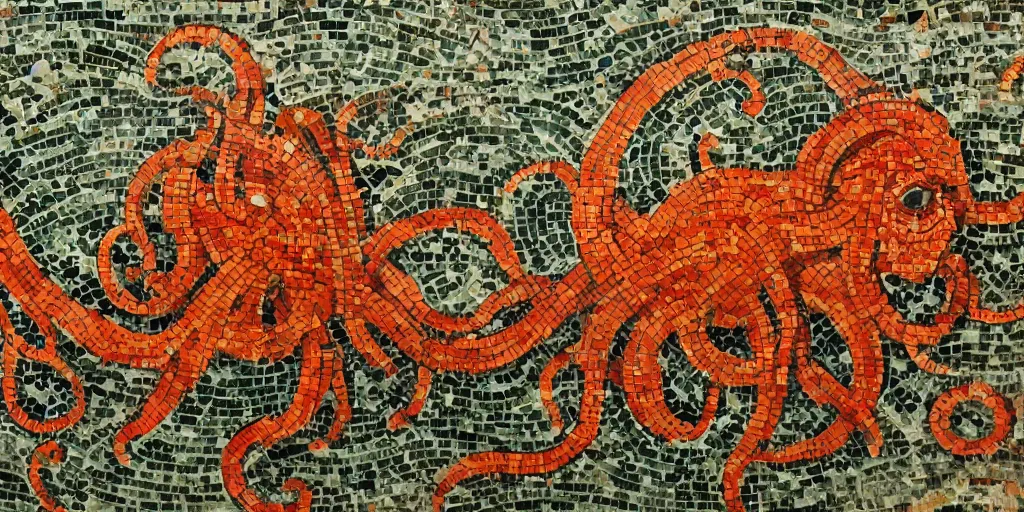 Prompt: roman mosaics of a orange kraken sinking a boat