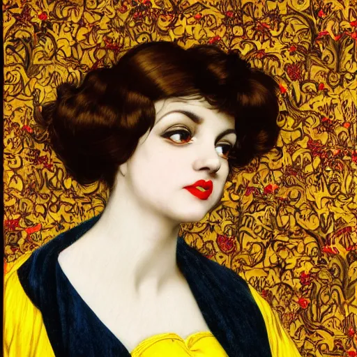 Image similar to hybrid of judy garland and lady gaga, brown fringe, large features, very large big downslanted eyes, large full lips, reclining on flowing bed cool stylish, yellow ochre ornate medieval dress, john william waterhouse, kilian eng, rosetti, john everett millais, william holman hunt, william morris, 4 k