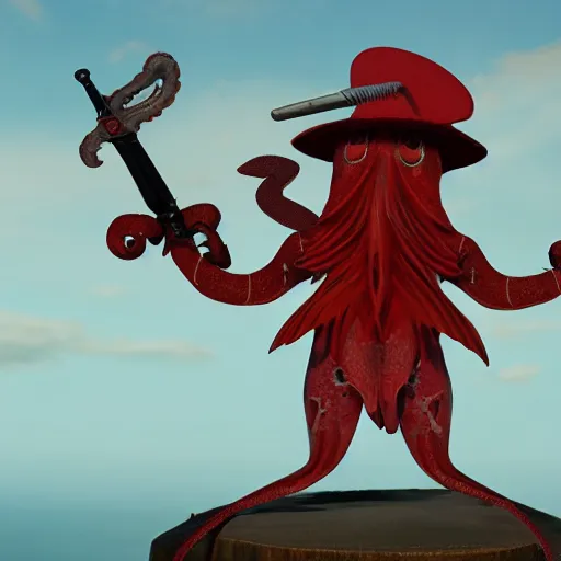 Image similar to harpy squid wearing a fez wielding a sword, realistic, very detailed, intricate, 8k res