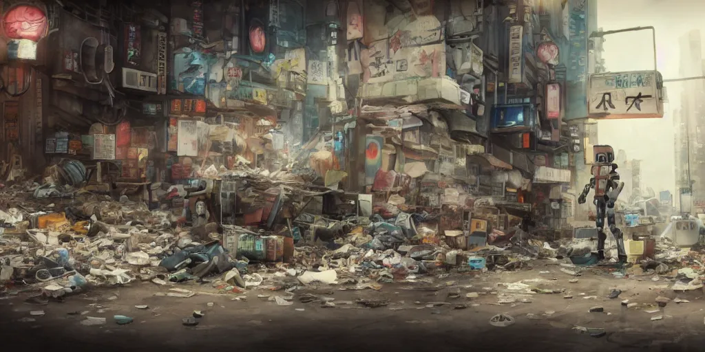 Prompt: incredible screenshot, simple watercolor, soft bloom lighting, paper texture, movie scene, a robot mecha digs through trash in a deserted shinjuku junk town, old pawn shop, bright sun bleached ground, cyberpunk, animatronic, black smoke, pale beige sky, junk tv, texture, strange, impossible, fur, spines, mouth, pipe brain, shell, brown mud, dust, overhead wires, telephone pole, dusty, dry, pencil marks hd, 4k, remaster, dynamic camera angle, deep 3 point perspective, fish eye, dynamic scene