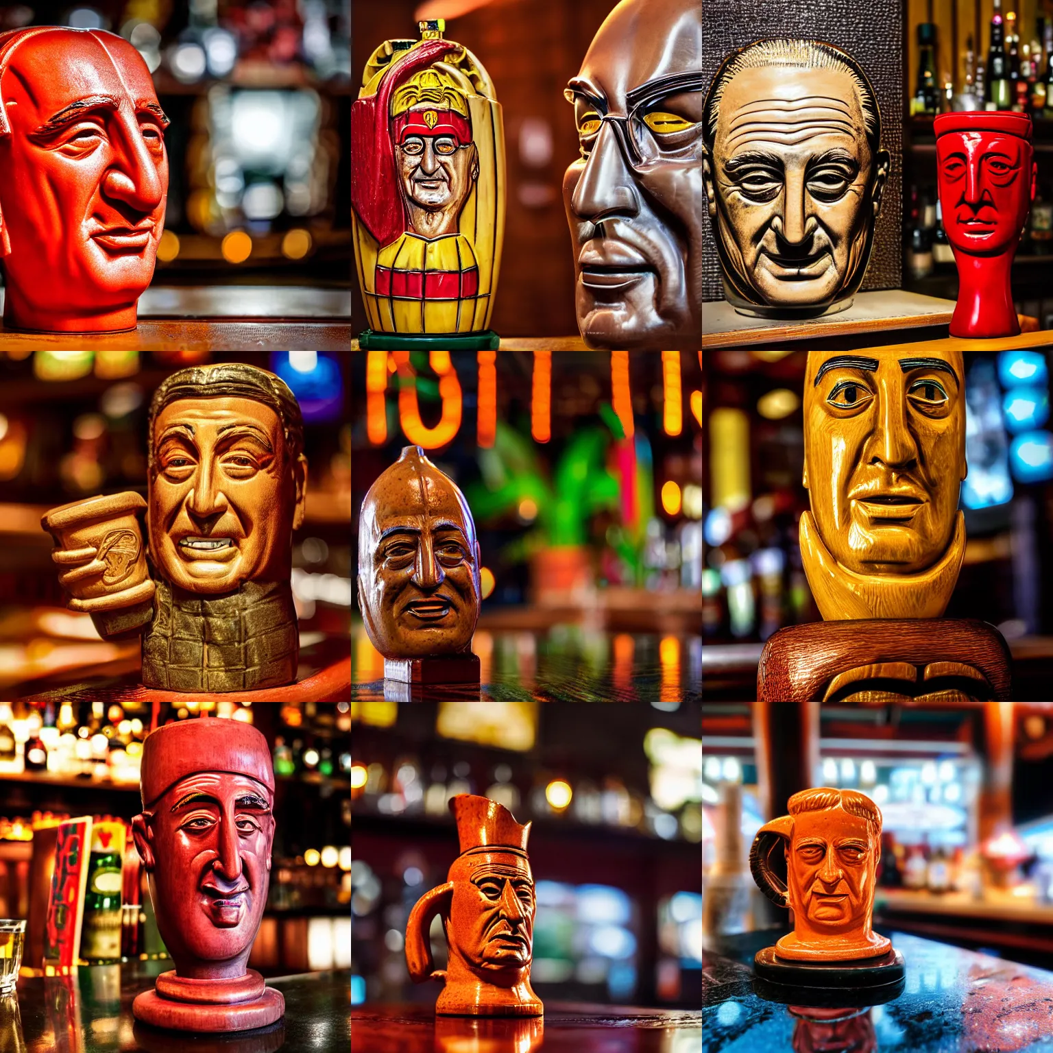 Prompt: a closeup photorealistic photograph of a ferarri shaped tiki mug sitting at a trader vic's bar featuring enzo ferrari's face. tiki theme. bright scene. fine detail. this 4 k hd image is trending on artstation, featured on behance, well - rendered, extra crisp, features intricate detail, epic composition and the style of unreal engine.