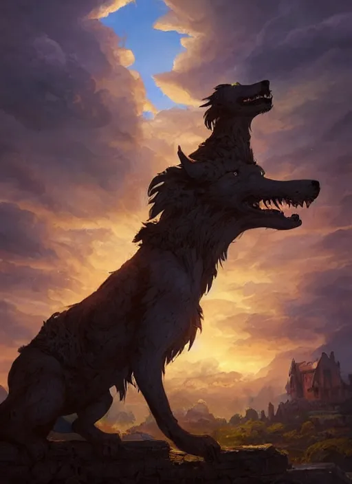 Image similar to a beautiful artwork illustration, rim light Fenrir standing over a medieval village at sunset, destruction, by Greg Rutkowski and Jesper Ejsing and Raymond Swanland, featured on artstation, wide angle, vertical orientation