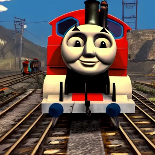 Image similar to thomas the tank engine in the video game twisted metal.