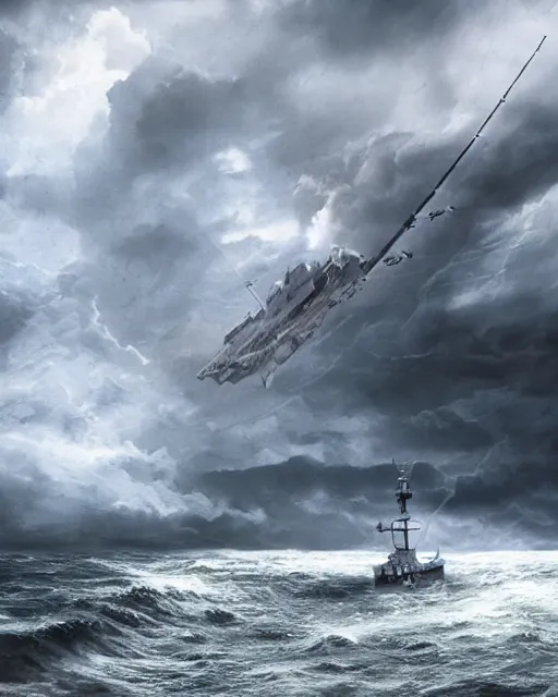 Image similar to establishing shot of a fishing boat on stormy seas, a gigantic star destroyer spaceship flying overhead | the star destroyer spaceship is emerging from storm clouds, stormy weather, dramatic lighting, unreal engine, hyper realism, realistic shading, cinematic composition, realistic render, octane render, detailed textures, photorealistic, ultrawide shot, 1 6 mm lens