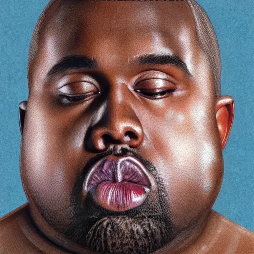 Image similar to hyperrealistic mixed media image of a incredibly morbidly obese kanye west, stunning 3 d render inspired art by istvan sandorfi and greg rutkowski, perfect facial symmetry, realistic, highly detailed attributes and atmosphere, dim volumetric cinematic lighting, 8 k octane extremely hyper - detailed render, post - processing, masterpiece,