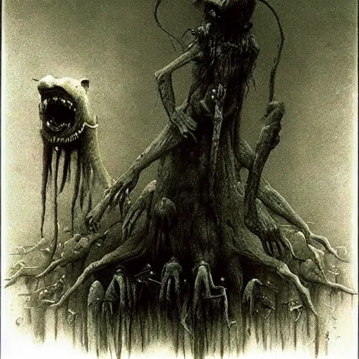 Prompt: the hell of rats beksinski, scary eldritch, nightmare, apocalypse, creepy creature, horror spooky