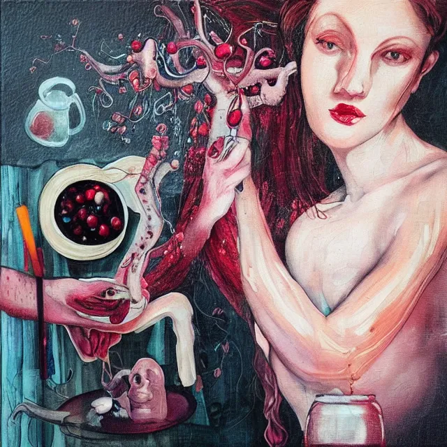 Prompt: “ sensual, a portrait in a female art student ’ s apartment, pancakes, woman holding a brain from inside a painting, berries, octopus, scientific glassware, art supplies, a candle dripping white wax, berry juice drips, neo - expressionism, surrealism, acrylic and spray paint and oilstick on canvas ”