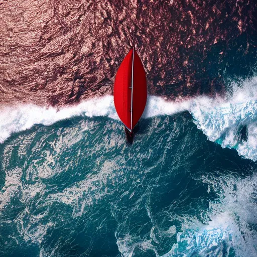 Image similar to a lonely boat swinging in the red ocean, top view, intense waves, depressing atmosphere, characterized by roman shipunov, etienne hebinger, atey ghailan, cgsociety, cynical realism, fantasy art, 2 d game art