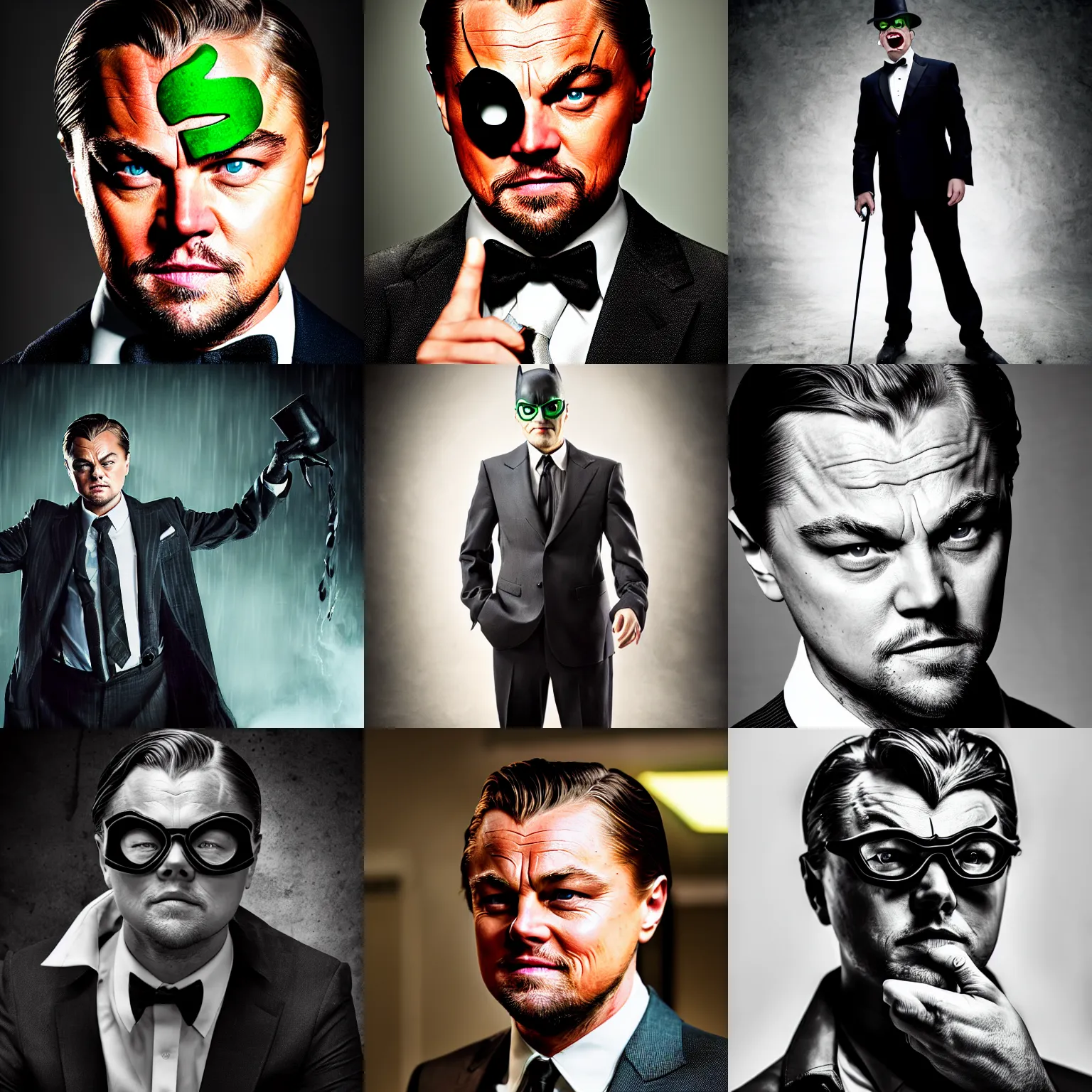 Prompt: dslr photography of leonardo dicaprio playing the riddler from the new warner brother's grimdark r - rated batman movie, full body photography, cinematic, studio portrait