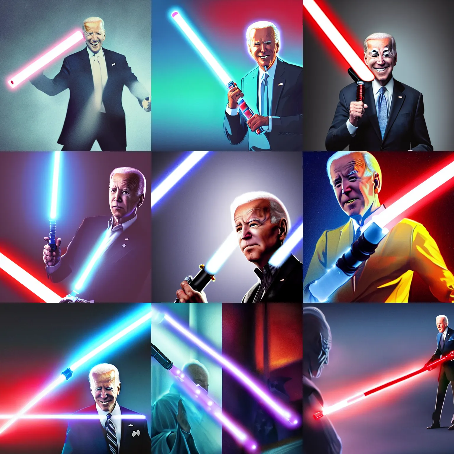Prompt: Joe Biden using a light saber, epic, awesome, digital art, lighting, color harmony, volumetric lighting
